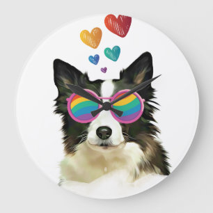 Grande Horloge Ronde Frontière Collie Chien avec Coeurs Saint-Valentin