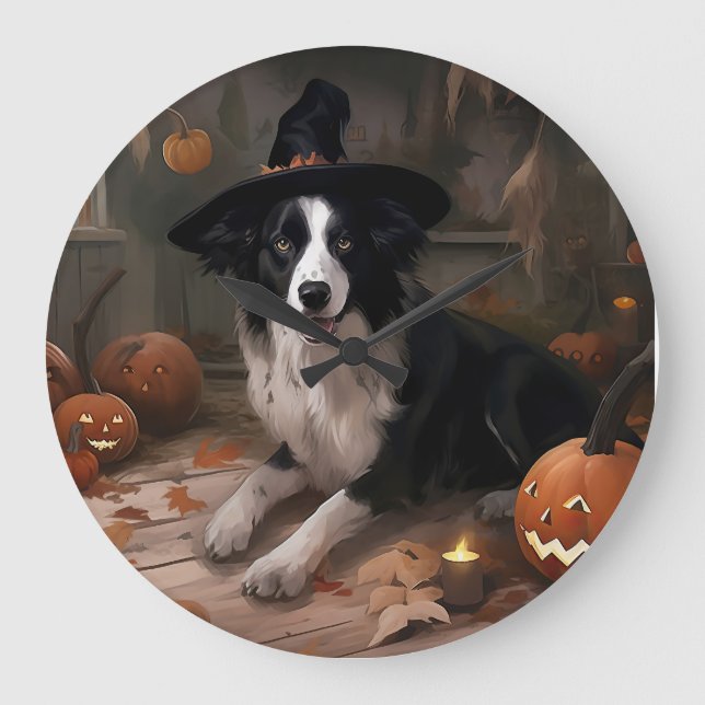 Grande Horloge Ronde Frontière Collie Citrouilles Halloween effroi (Recto)