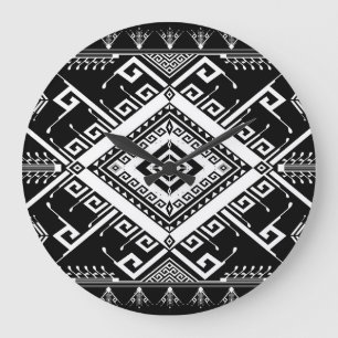 Grande Horloge Ronde Frontière indienne géométrique ethnique, abstraite