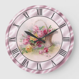 Grande Horloge Ronde Frontière mauve de regard de satin de panier rose