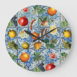 Grande Horloge Ronde Fruit d'été méditerranéen & Mosaïque Bleue Bl