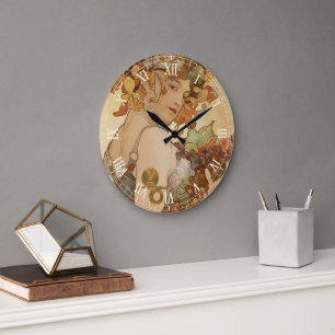 Grande Horloge Ronde Fruit par Alphonse Mucha, Art Nouveau vintage