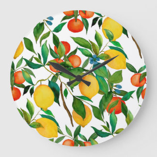 Grande Horloge Ronde Fruits d'agrumes, motif d'aquarelle vibrante.