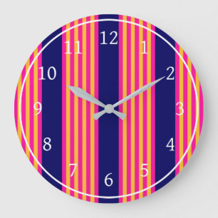 Grande Horloge Ronde Fuchsia et rayures jaunes avec bleu marine