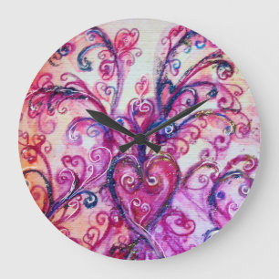 GRANDE HORLOGE RONDE FUCHSIE ROSE FLEURS DE FLEURS BLANCHES AU COEUR