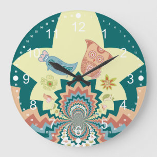 Grande Horloge Ronde Fun Crazy Owl Birds Chevron Motif