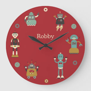Grande Horloge Ronde Fun Retro Robots Illustrated Pattern