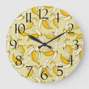 Grande Horloge Ronde Fun Tropical Bananas Motif à la mode Fruit Beige