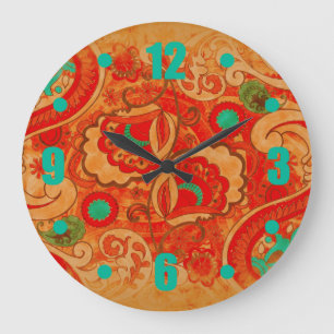 Grande Horloge Ronde Funky Burnt Orange Rouge Turquoise Paisley