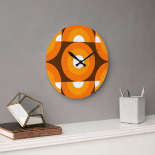 Grande Horloge Ronde Funky Orange Brown Retro Circles Art Motif