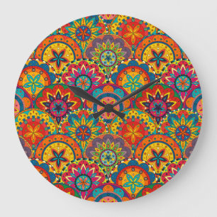 Grande Horloge Ronde Funky Retro couleur Motif Mandala