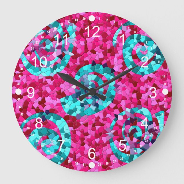 Grande Horloge Ronde Funky Rose Turquoise Bleu Mosaïque Fissures Cadeau (Recto)