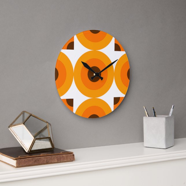 Grande Horloge Ronde Funky Summer Orange Cercles Brown Art Motif (Bureau)