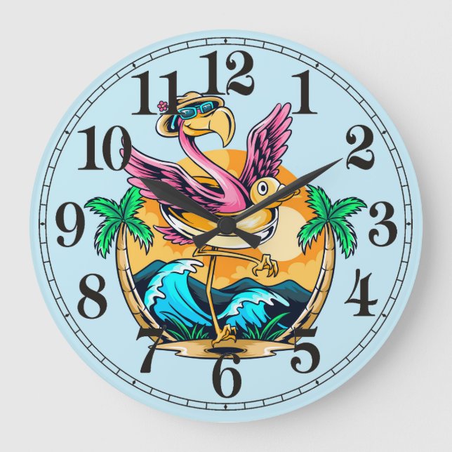 Grande Horloge Ronde Funny Beach Tropical Flamingo Wall Clock (Recto)