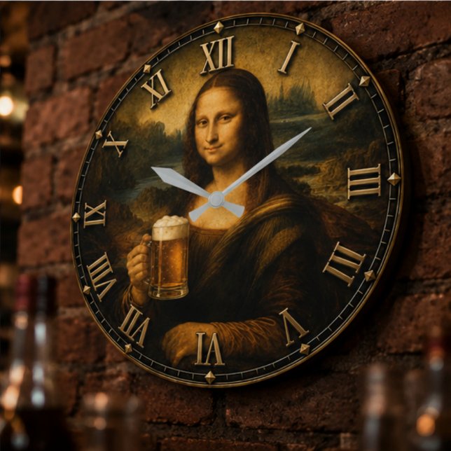 Grande Horloge Ronde Funny Beer Mona Lisa Cheers Renaissance Art (Créateur téléchargé)