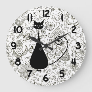 Grande Horloge Ronde Funny Black Cat à Black and White Flower Garden