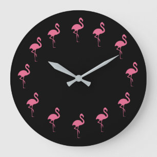 Grande Horloge Ronde Funny Flamants roses de rose tropicale