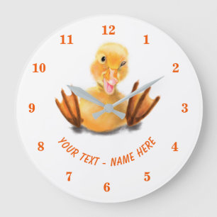 Grande Horloge Ronde Funny Jaune Canard Jouer Wink Smile - Texte Person