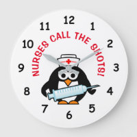Funny nursing wall clock with cute penguin nurse