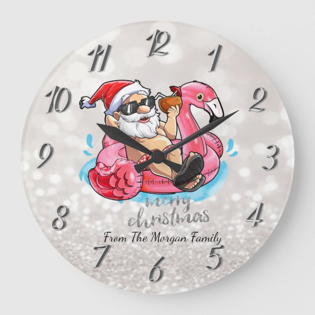 Grande Horloge Ronde Funny Santa Claus,Pink Flamingos Christmas (Recto)