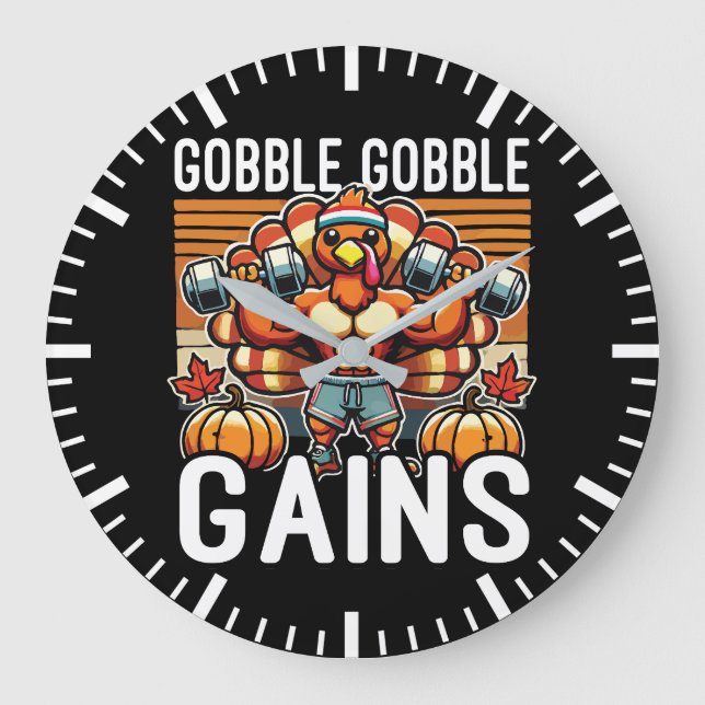 Grande Horloge Ronde Gains Gobble Gobble - Drôle Gym Thanksgiving (Recto)