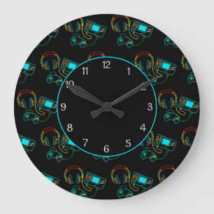 Grande Horloge Ronde Gamer Retro Neon Motif Noir