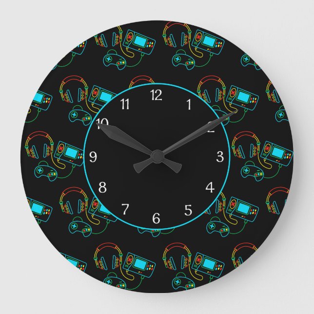 Grande Horloge Ronde Gamer Retro Neon Motif Noir (Recto)