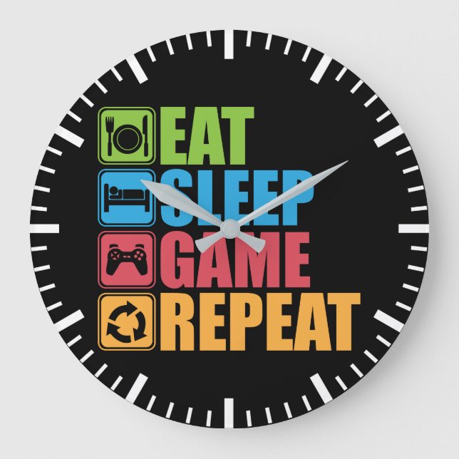 Grande Horloge Ronde Gaming - Eat, Sleep, Game, Repeat - Gamer, Funny (Recto)