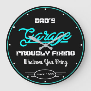 Grande Horloge Ronde Garage Dad's ou any Name Fixation Turquoise Black