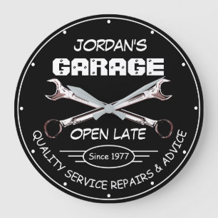 Grande Horloge Ronde Garage Name Date Tools Wrenches Mechanics Black
