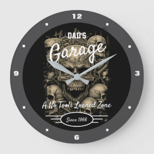 Grande Horloge Ronde Garage papa ou n'importe quel nom Skulls Black Gre
