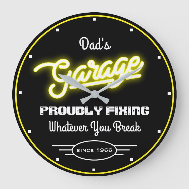 Grande Horloge Ronde Garage Papa's Any Name Fixing Jaune Black Funny (Recto)