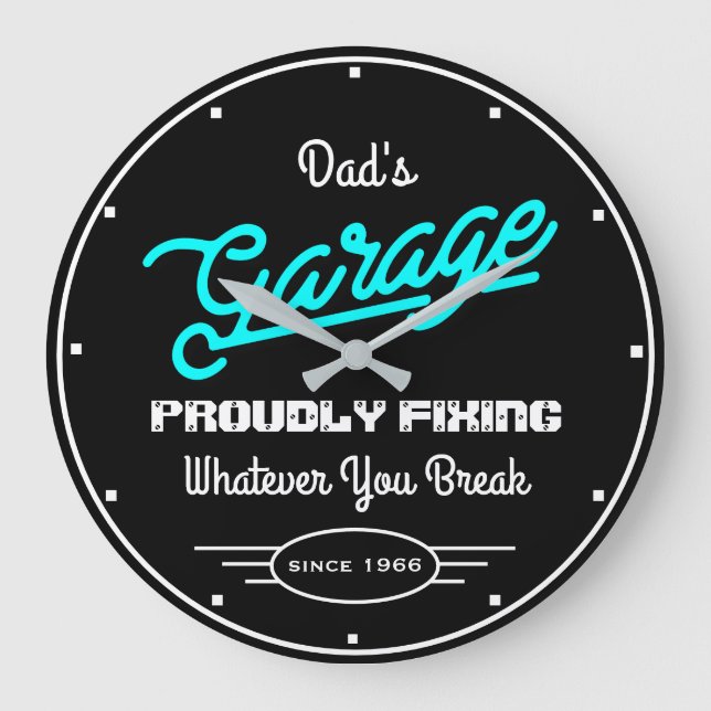 Grande Horloge Ronde Garage Papa's Any Name Fixing Turquoise Black Funn (Recto)
