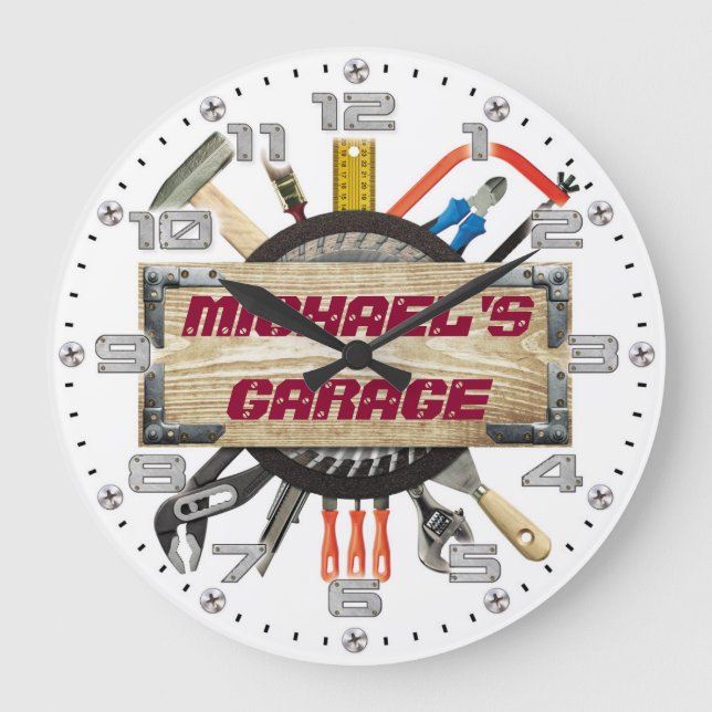 Grande Horloge Ronde Garage Tools Homme Cave Personnalisable Retro Styl (Recto)