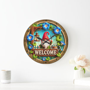 Grande Horloge Ronde Garden Gnome Bienvenue