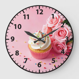 Grande Horloge Ronde Gâteau Cupcake Roses Roses Pâtisseries Foodie