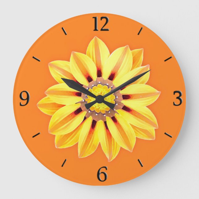 Grande Horloge Ronde Gazania Daisy - orange et jaune (Recto)