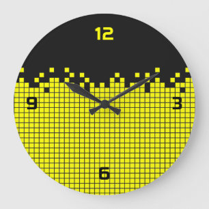 Grande Horloge Ronde Geek Gamer Rétro 80s Pixels Jaunes 