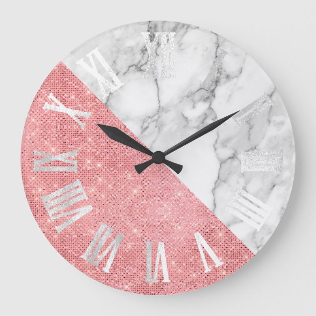 Grande Horloge Ronde Géométrie Rose en gris marbre chiffres romains (Recto)