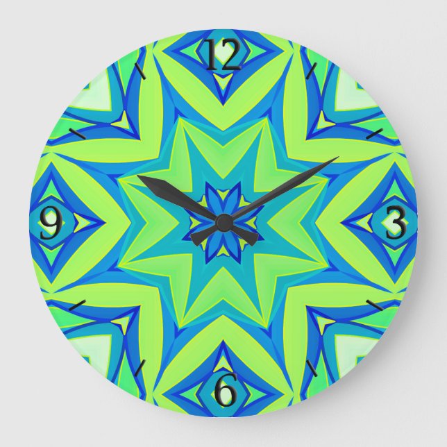 Grande Horloge Ronde Géométrique étoile Abstraite - Vert chaux et bleu (Recto)