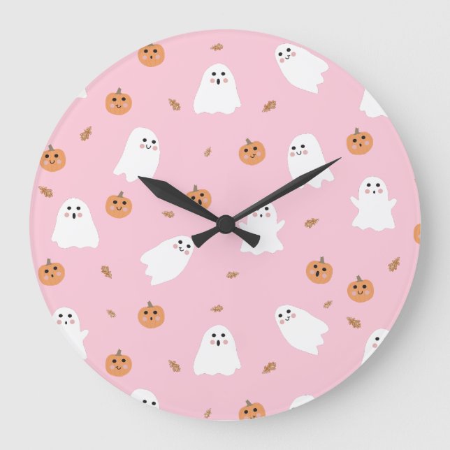 Grande Horloge Ronde Ghost mignon et Citrouille Motif d'Halloween rose (Recto)