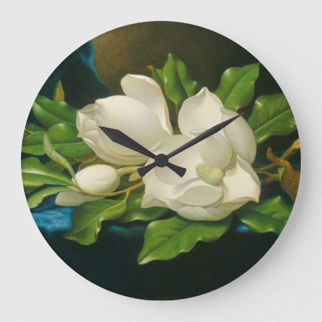 Grande Horloge Ronde Giant Magnolias sur Blue Velvet Cloth (Recto)