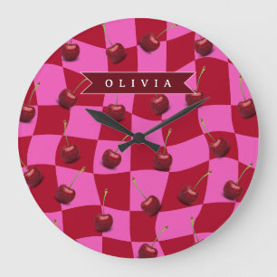 Grande Horloge Ronde Gingham Cerise Personnalisé Rétro Nom Personnalisé