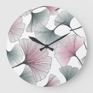 Grande Horloge Ronde Gingko biloba dessiné à la main.