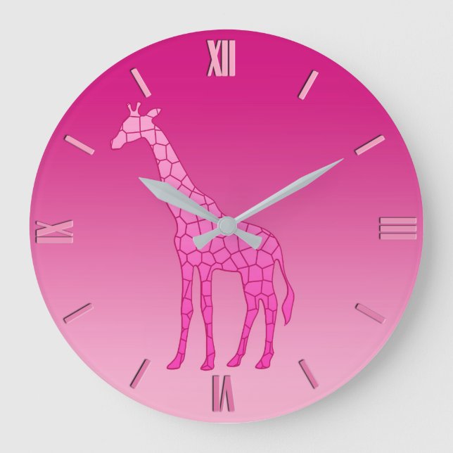 Grande Horloge Ronde Giraffe géométrique moderne, Fuchsia et rose pâle  (Recto)