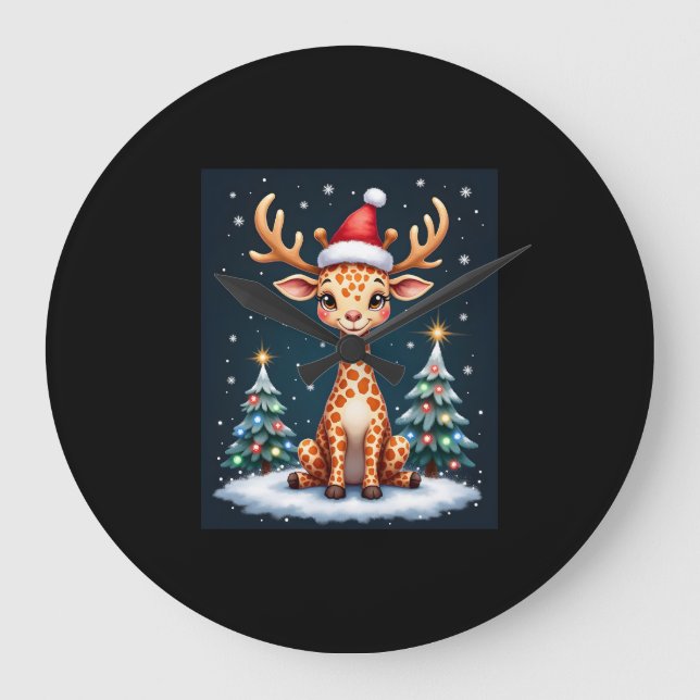 Grande Horloge Ronde Giraffe Reindeer Casquette Père Noël Christmas Tre (Recto)