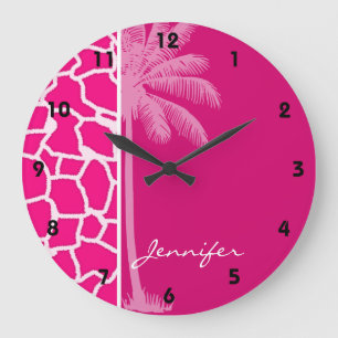Grande Horloge Ronde Giraffe rose vif Poster de animal; Palme d'été