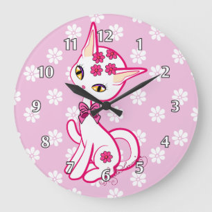 Grande Horloge Ronde ~ girly mignon de rose de chat de Kitty