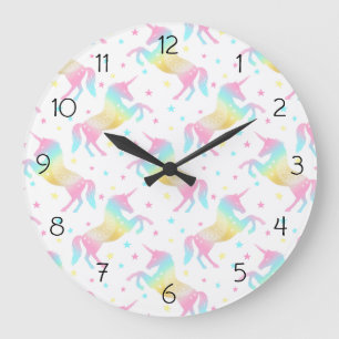 Grande Horloge Ronde Girly Pastel Rainbow Unicorn Pattern