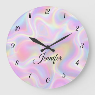 Grande Horloge Ronde Girly Vibrant Pastel Holographic Swirl Design     